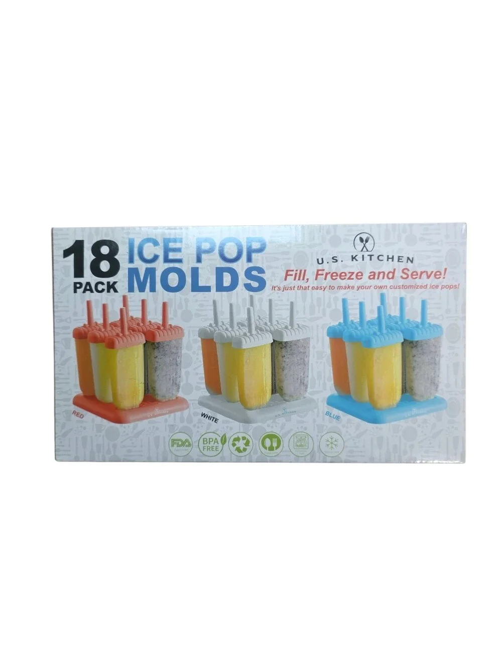 U.S. Kitchen Ice Pop molds set of 18 classic Reusable colored Ice Pop makers NIB